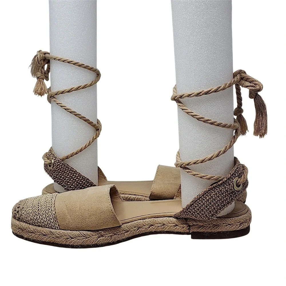 Zara Espadrille Sandals 39 8 Wom Gladiator Beige Lace Up Tassel Rope Flat Summer